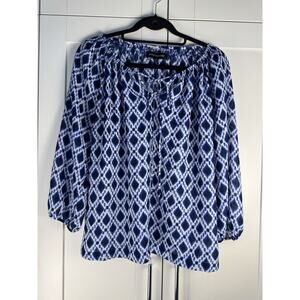 Jones New York Geometric Tie Neck Tunic Blouse Blue White Long Sleeve M